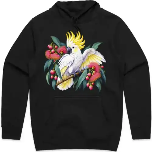 Sulphur-crested Cockatoo in Bloom printed on a black Hoodie, design by Australia Art Prints