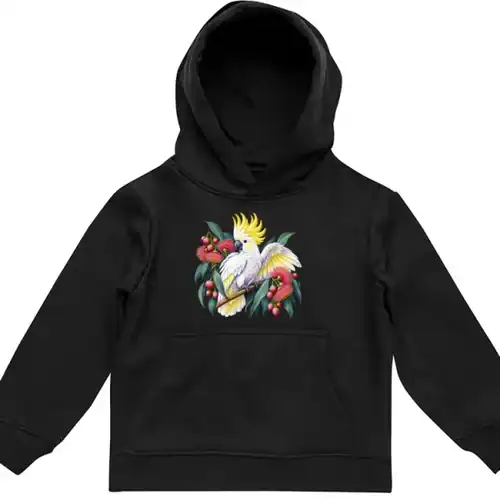 Sulphur-crested Cockatoo in Bloom printed on a black Kids Hoodie, design by Australia Art Prints