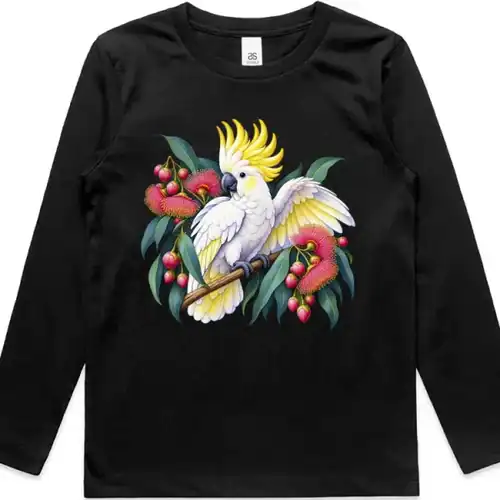 Sulphur-crested Cockatoo in Bloom printed on a black Kids Long Sleeve T-Shirt, design by Australia Art Prints