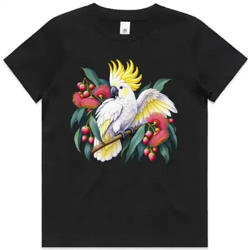 Sulphur-crested Cockatoo in Bloom printed on a black Kids T-Shirt, design by Australia Art Prints