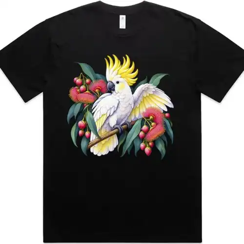 Sulphur-crested Cockatoo in Bloom printed on a black Oversized T-Shirt, design by Australia Art Prints
