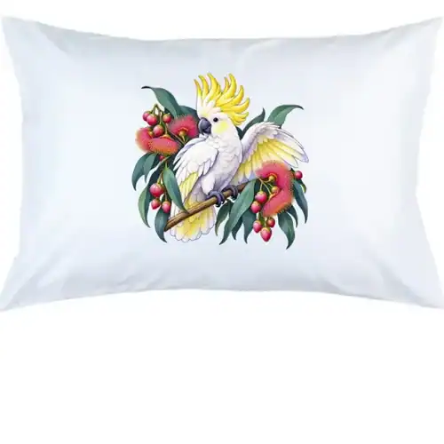 Sulphur-crested Cockatoo in Bloom printed on a white Pillow Case, design by Australia Art Prints