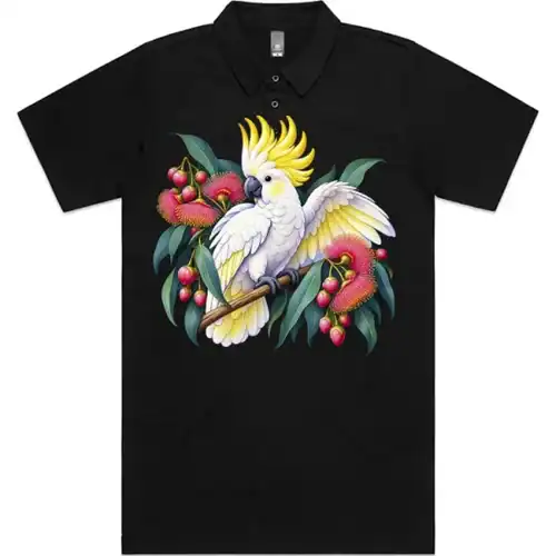 Sulphur-crested Cockatoo in Bloom printed on a black Polo Shirt, design by Australia Art Prints