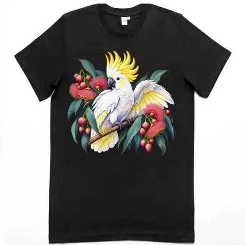 Sulphur-crested Cockatoo in Bloom printed on a black Premium Men’s T-Shirt, design by Australia Art Prints