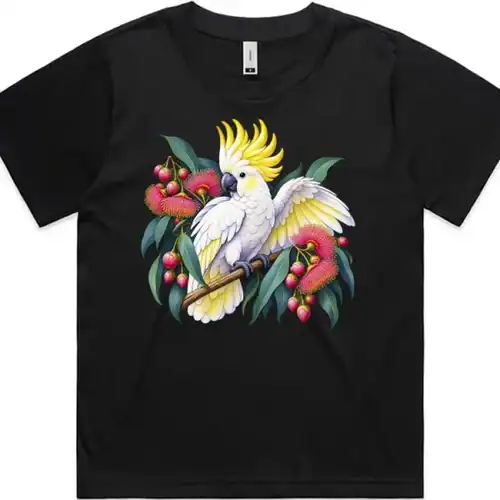 Sulphur-crested Cockatoo in Bloom printed on a black Women’s Fitted T-Shirt, design by Australia Art Prints