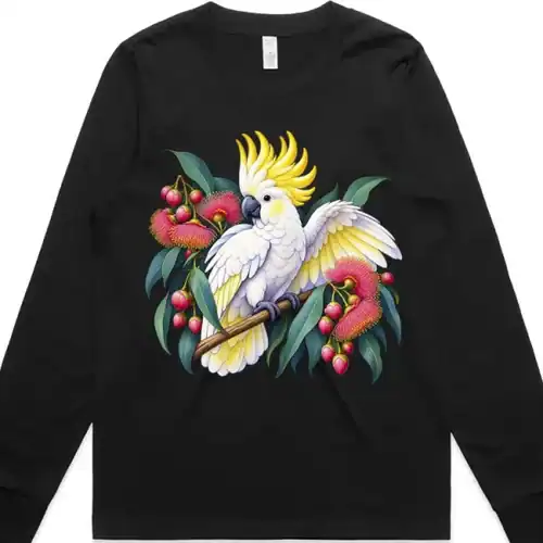 Sulphur-crested Cockatoo in Bloom printed on a black Women’s Long Sleeve T-Shirt, design by Australia Art Prints