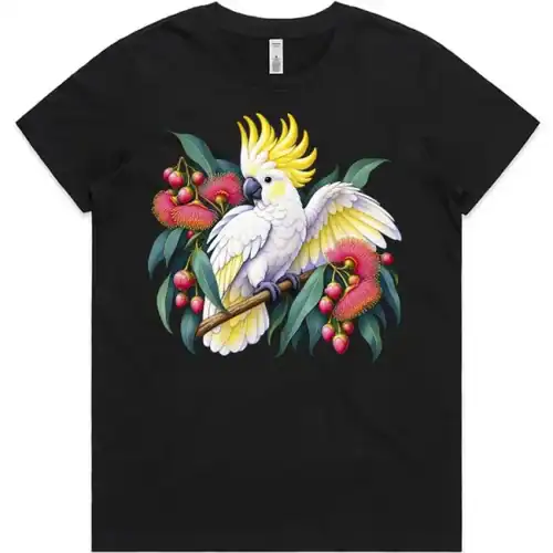 Black women’s T-shirt printed on the front with a white cockatoo among pink-red gum blossom