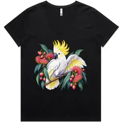 Sulphur-crested Cockatoo in Bloom printed on a black Women’s V-Neck T-Shirt, design by Australia Art Prints