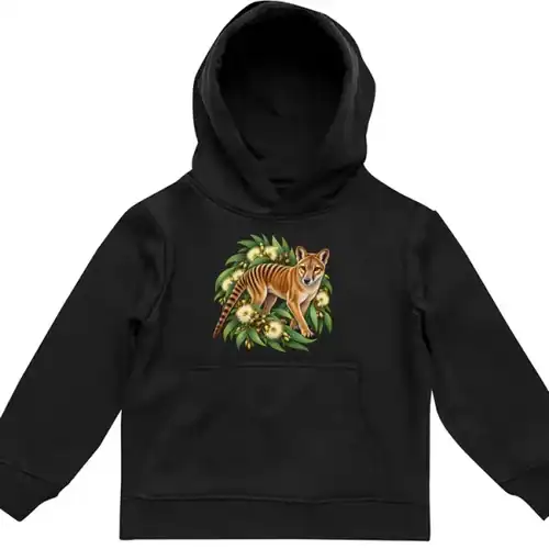 Tasmanian Tiger Among Eucalyptus Blooms printed on a black Kids Hoodie, design by Australia Art Prints