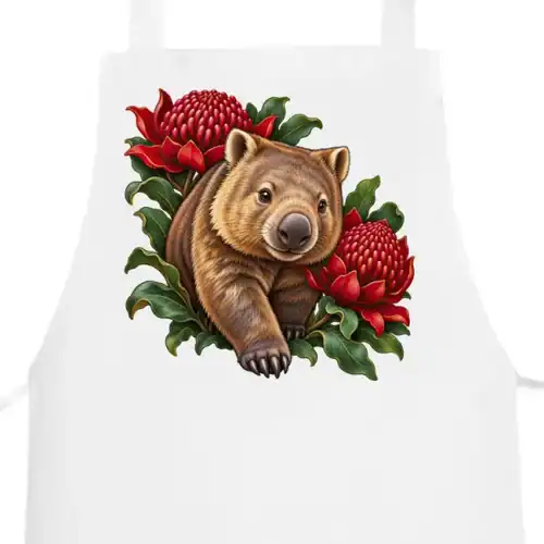 Wombat Among Scarlet Waratahs printed on a white Apron, design by Australia Art Prints