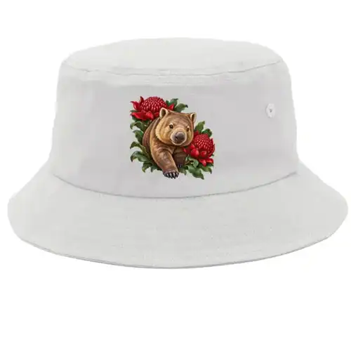 Wombat Among Scarlet Waratahs printed on a white Bucket Hat, design by Australia Art Prints