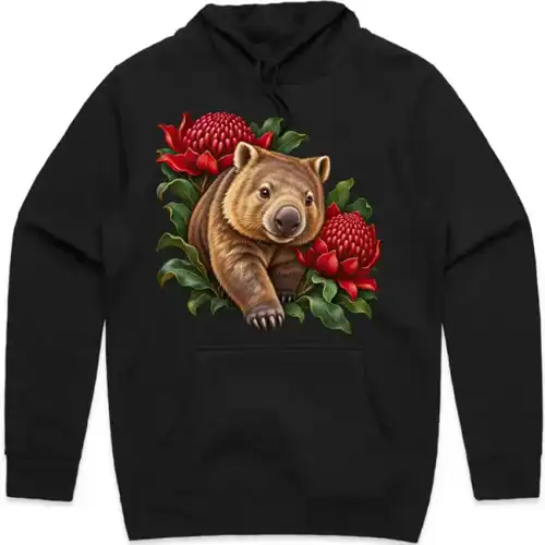 Wombat Among Scarlet Waratahs printed on a black Hoodie, design by Australia Art Prints