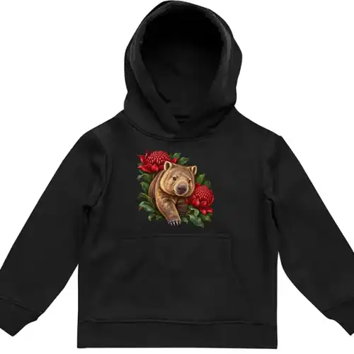 Wombat Among Scarlet Waratahs printed on a black Kids Hoodie, design by Australia Art Prints