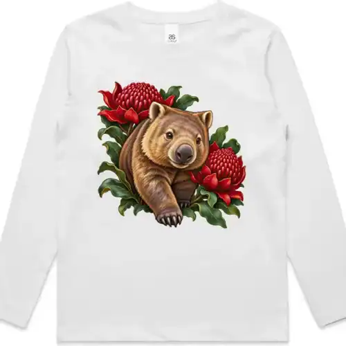 Wombat Among Scarlet Waratahs printed on a white Kids Long Sleeve T-Shirt, design by Australia Art Prints