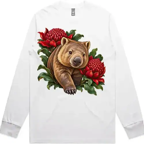 Wombat Among Scarlet Waratahs printed on a white Long Sleeve T-Shirt, design by Australia Art Prints