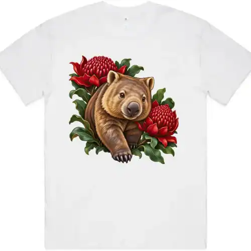 Wombat Among Scarlet Waratahs printed on a white Oversized T-Shirt, design by Australia Art Prints