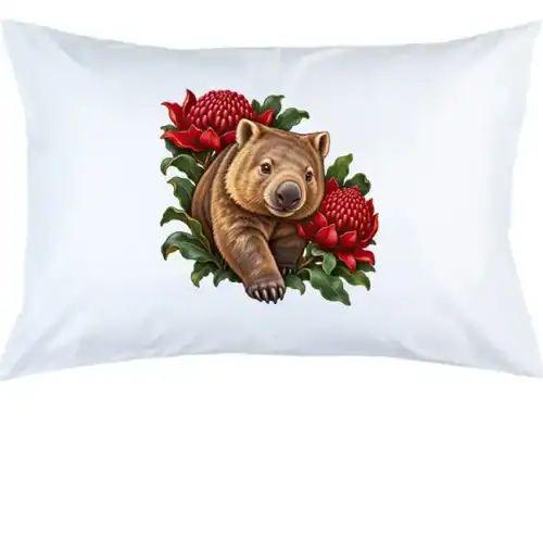 Wombat Among Scarlet Waratahs printed on a white Pillow Case, design by Australia Art Prints