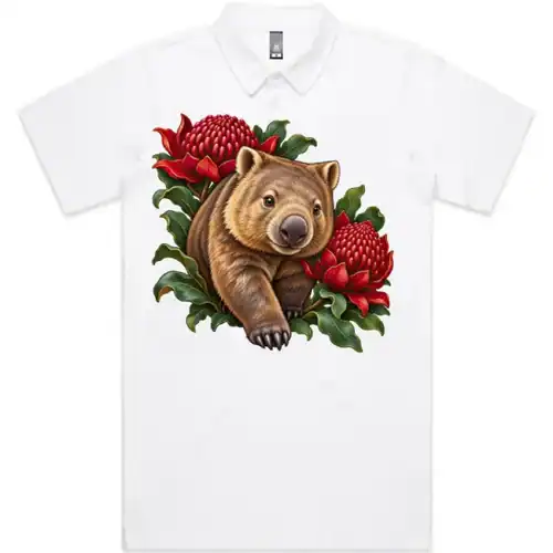 Wombat Among Scarlet Waratahs printed on a white Polo Shirt, design by Australia Art Prints