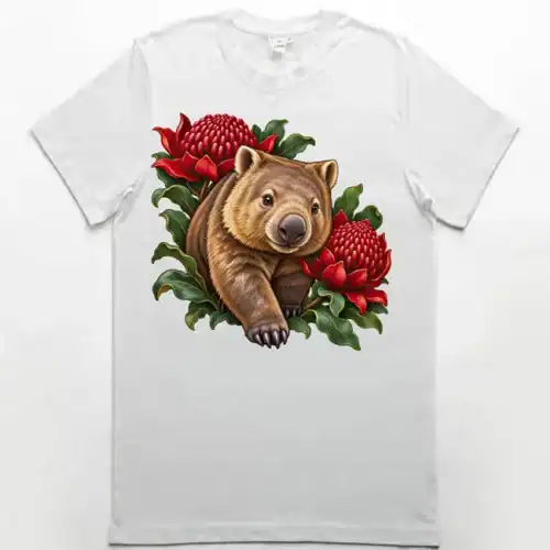 Wombat Among Scarlet Waratahs printed on a white Premium Men’s T-Shirt, design by Australia Art Prints