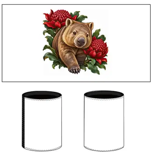 Wombat Among Scarlet Waratahs printed on a white Stubby Holder, design by Australia Art Prints