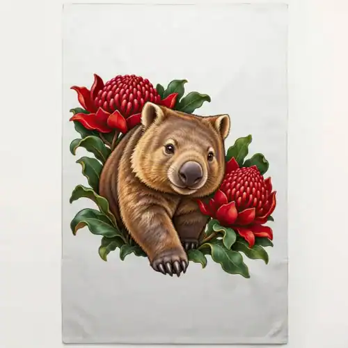 Wombat Among Scarlet Waratahs printed on a natural Tea Towel, design by Australia Art Prints