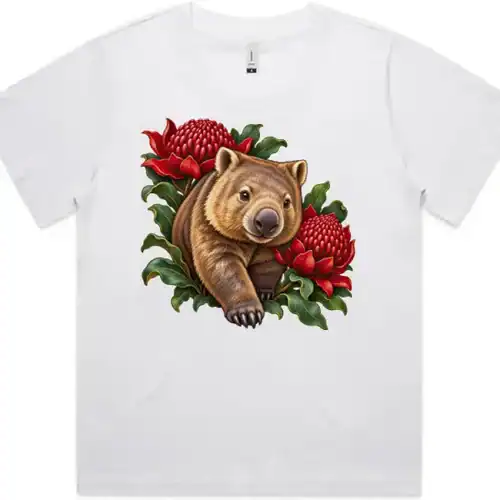 Wombat Among Scarlet Waratahs printed on a white Women’s Fitted T-Shirt, design by Australia Art Prints