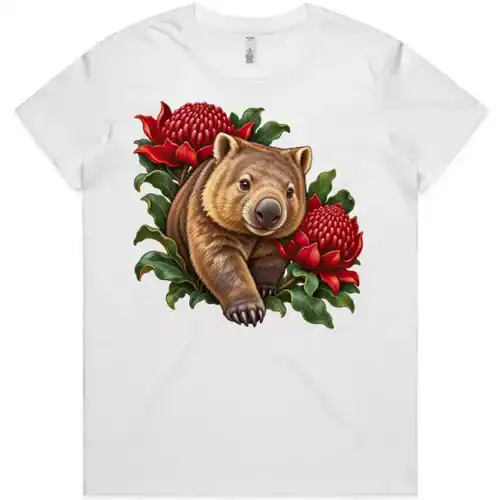 Wombat Among Scarlet Waratahs printed on a white Women’s T-Shirt, design by Australia Art Prints