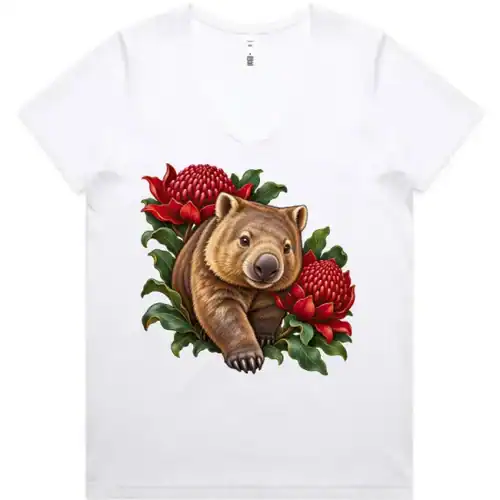 Wombat Among Scarlet Waratahs printed on a white Women’s V-Neck T-Shirt, design by Australia Art Prints