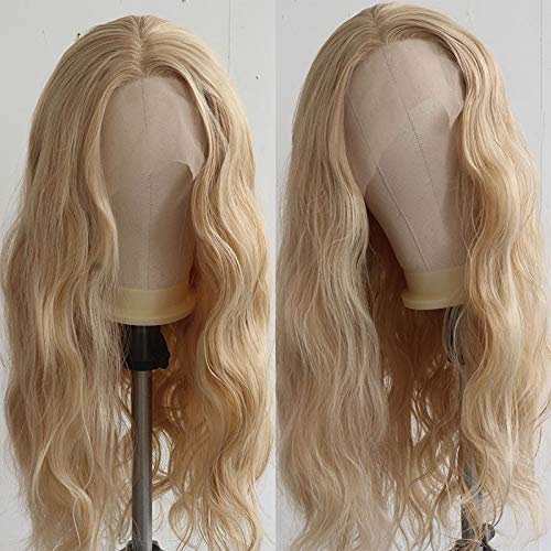 Elesty Long Natural Curly T-Part Lace Front Wig Gloden Blonde Synthetic Lace Front Wigs For Women Left Part Glueless Heat Resistant Fiber Hair Daily Party Wig - Image 3