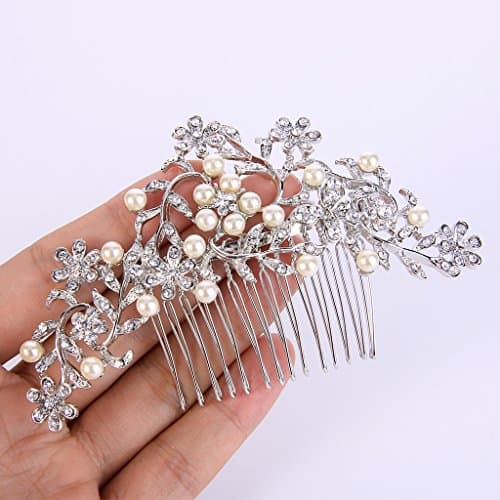 EVER FAITH Crystal Cream Simulated Pearl 4.2 Inch Daisy Flower Leaf Vine Hair Side Comb Clear Silver-Tone - Image 4