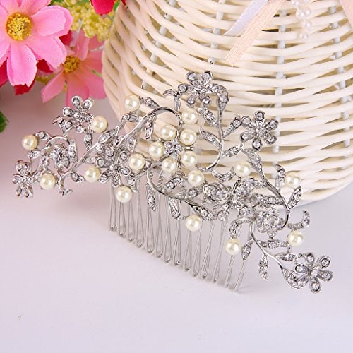 EVER FAITH Crystal Cream Simulated Pearl 4.2 Inch Daisy Flower Leaf Vine Hair Side Comb Clear Silver-Tone - Image 5