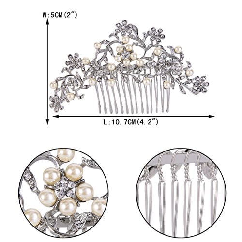 EVER FAITH Crystal Cream Simulated Pearl 4.2 Inch Daisy Flower Leaf Vine Hair Side Comb Clear Silver-Tone - Image 6