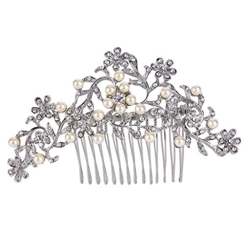 EVER FAITH Crystal Cream Simulated Pearl 4.2 Inch Daisy Flower Leaf Vine Hair Side Comb Clear Silver-Tone - Image 2