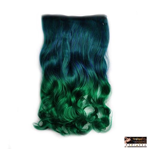 Stepupgirl 20 Inch Dark Blue to Grass Ombre Color Curly Full Head Synthetic Clip in Hair Extension with Souvenir Card