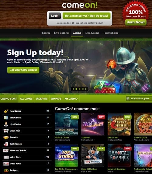 ComeOn €5 no deposit bonus and €300 WB free spins