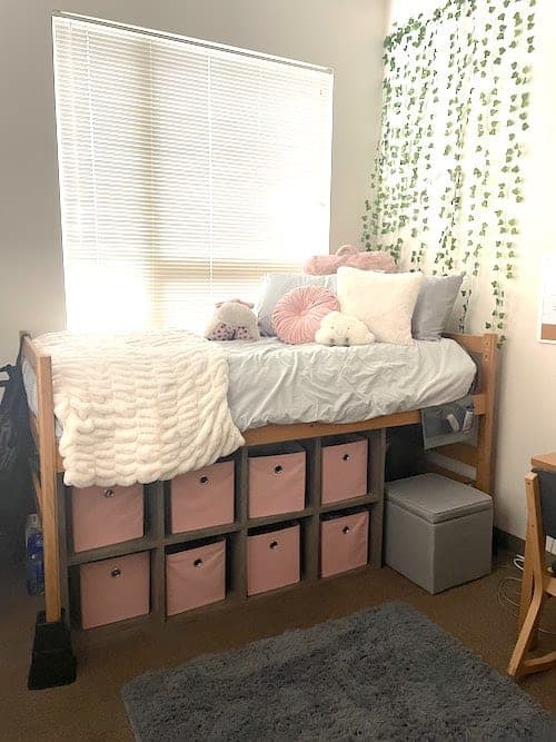 Dorm room with storage beneath the bed