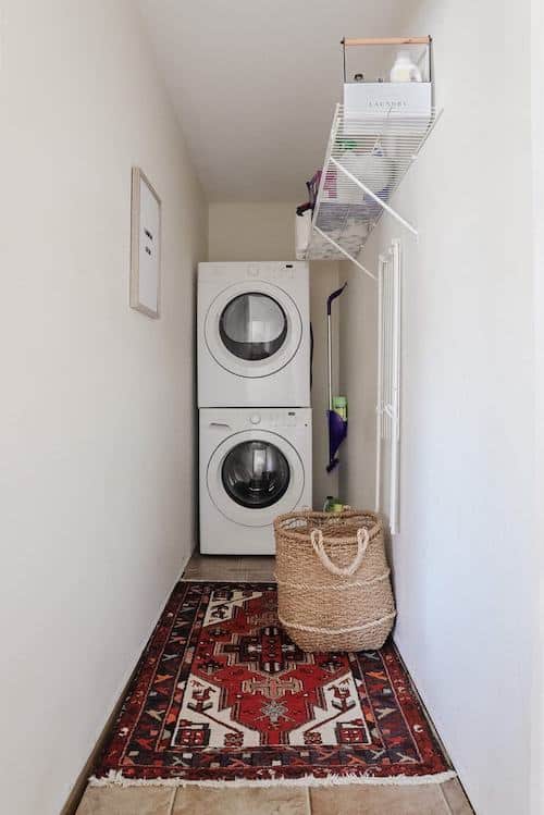 Organize a tiny laundry room: install wire shelving for extra storage