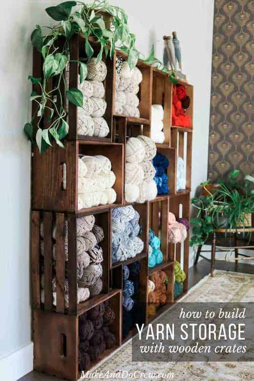 organize sewing supplies: build a shelving unit to store yarn with repurposed wooden crates