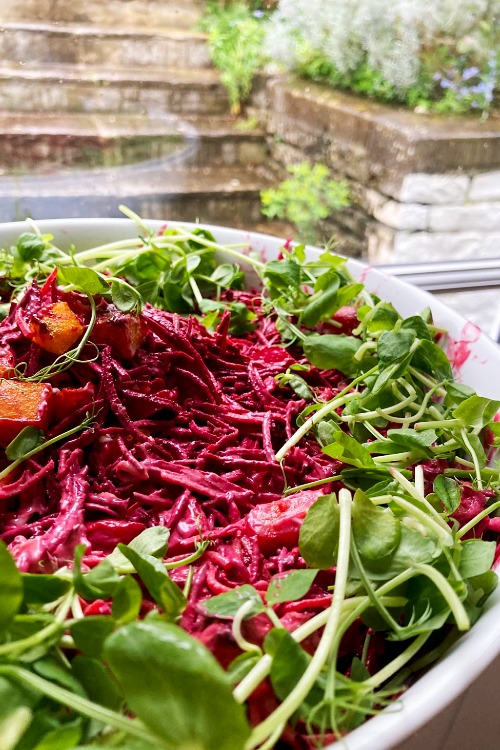 Roast butternut squash raw slaw with tahini sauce by Anastasia with pea shoots