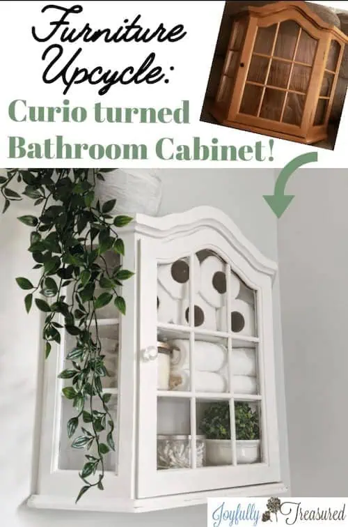 Small bathroom organizing: upcycled curio cabinet becomes bathroom wall storage
