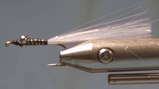 Finished Pondage Fly variant with UV-coated body and trimmed Crystal Flash tail about two body lengths long.