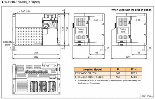 kích thước biến tần FR-E740-7.5K