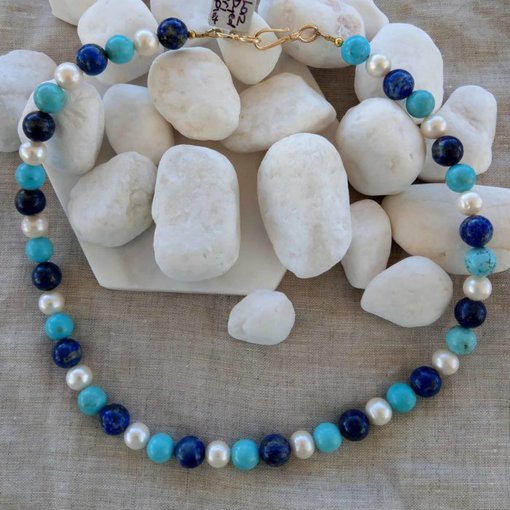Lapis Lazuli, Turquoise & Pearl Gold Necklace - Image 2