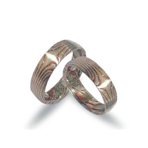 Gestülpte, geätzte Mokume Gane Trauringe aus Silber Kupfer (CEL132)