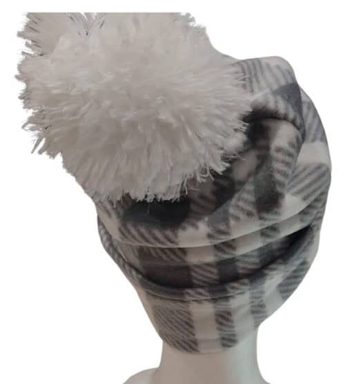 Gray Plaid Beanie for Women, Cozy Fleece Hat, Pom Beanie Hat, Gender Neutral Winter Accessories - Image 3