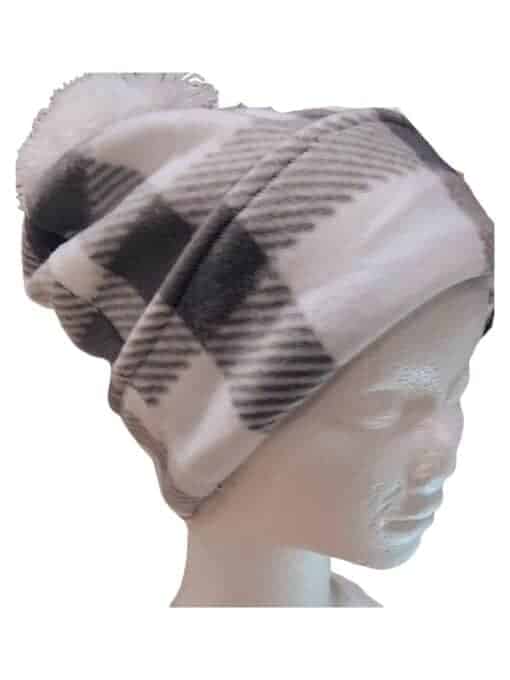 Gray Plaid Beanie for Women, Cozy Fleece Hat, Pom Beanie Hat, Gender Neutral Winter Accessories
