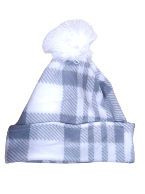 Gray Plaid Beanie for Women, Cozy Fleece Hat, Pom Beanie Hat, Gender Neutral Winter Accessories - Image 4