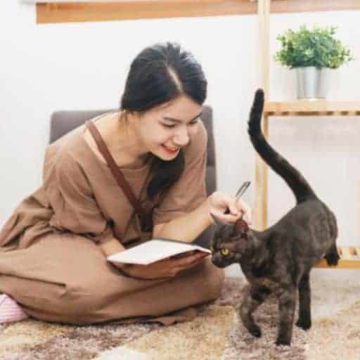 Petsitter taking notes about her cat client. The cat is a tortie short hair. The woman is dark haired and wearing a tan dress and holding a notebook.