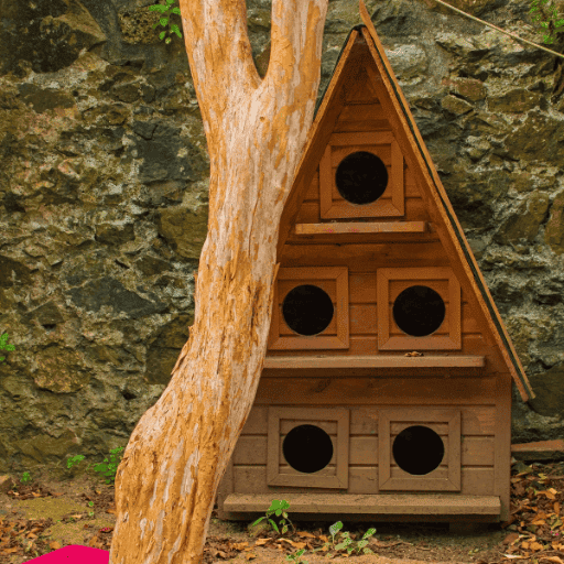 feral cat winter shelter. Triangle shelter made out of pallets placed by rock wall by a tree
