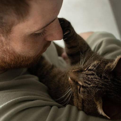 red haired man with a beard wearing a green shirt playing with the brown tabby cat that chose him has her favorite person